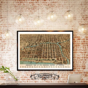 Antike Karte von Chicago, 1893, 18.Jh., Vogelschau, Art Deco, Fine Art Print, Vintage Landkarte