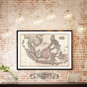 Mapa antiguo de las islas de las Indias Orientales, Singapur, Borneo, Java, Sumatra, Tailandia, 1818, mapa enorme, decoración vintage, impresión de bellas artes