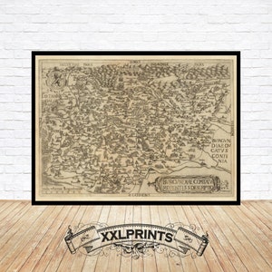 Ancienne carte non colorée de la Bourgogne, Franche Comte, 1595, carte très rare, belle reproduction, grande carte, impression d'art, impression de carte surdimensionnée