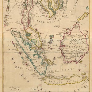 Puede incluir: Mapa antiguo del sudeste asiático, que representa el Reino de Siam y las regiones circundantes. El mapa está en tonos beige, con líneas costeras y características geográficas detalladas. El texto en francés es visible en la parte superior e inferior del mapa.