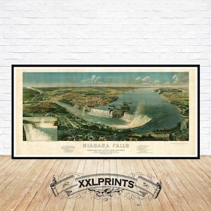 Vintage Vogelschau auf die Niagarafälle und den Niagarafluß, 1893, feine Reproduktion, große Karte, Fine Art Druck, Überformat-Karte