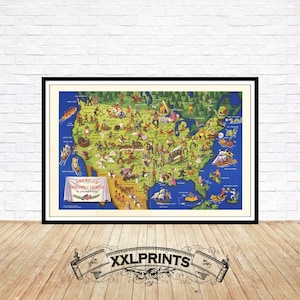 Mapa pictórico de lendas do folclore americano, século XIX, reprodução fina, mapa grande, impressão de belas artes, impressão de mapa em tamanho grande