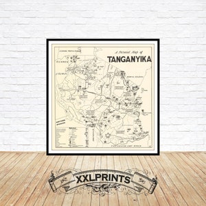 Mapa antiguo de Tanzania, 1955, mapa de Tanganyika, reproducción fina, mapa grande, impresión de bellas artes, impresión de mapa de gran tamaño