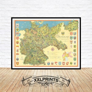 Mapa antiguo ilustrado de Alemania, 1953, reproducción fina, mapa grande, impresión de bellas artes, impresión de mapa de gran tamaño