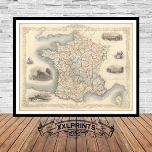 Ancienne carte de France, 1851, carte ancienne, belle reproduction, grande carte, impression d'art, décor antique, impression de carte surdimensionnée