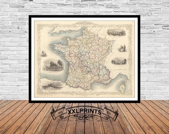 Old map of France, 1851, antique map, fine reproduction, large map, fine art print, antique decor, oversize map print