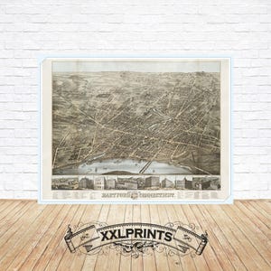 Antike Karte von Hartford, Conneticut, 1877, aus der Vogelperspektive, Fine Art Reproduktion, Vintage Dekor, Fine Art Print