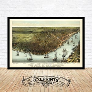 Vista aérea antigua de Nueva Orleans y el río Mississippi, 1885, excelente reproducción, mapa grande, impresión de bellas artes, impresión de mapa de gran tamaño