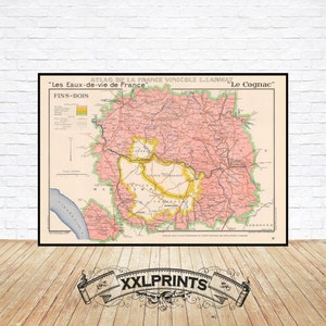 Ancienne carte de Cognac. 1947, Fins Bois, Eaux-de-vie, Charente Maritime, belle reproduction, grande carte, impression d'art, impression de carte surdimensionnée