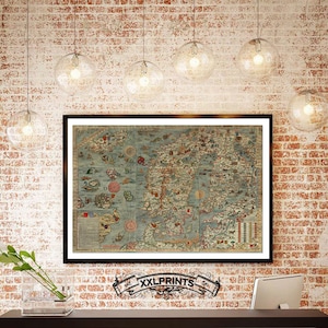 Antike Karte Carta Marina, 1529, alt, Landkarte, Seeungeheuer, Feine Reproduktion, große Karte, Fine Art Print, antikes Dekor, Oversize-Kartendruck