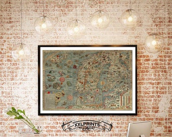 Ancient map Carta Marina, 1529, old, sea monsters map, fine reproduction, large map, fine art print, antique decor, oversize map print