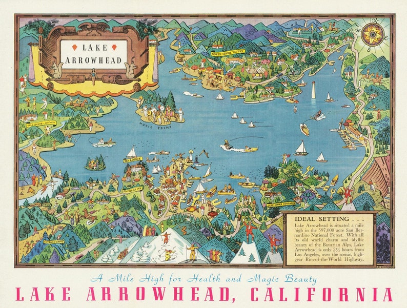Old Pictorial Map of Lake Arrowhead 1938 Fine Reproduction - Etsy