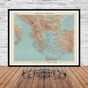 Ancienne carte de la Grèce, de la Bulgarie, du XIXe siècle, belle reproduction, grande carte, impression d'art, décor antique, impression de carte surdimensionnée