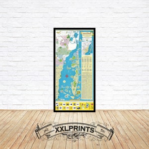 Oude toeristenkaart van Miami Beach en Miami, Florida, 1957, fijne reproductie, grote kaart, fine art print, extra grote kaartprint