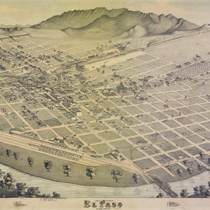 1885 El Paso aus der Vogelperspektive, digitale Antike, Vintage Karte, Scrapbook-Papiere mit alten Texturen, sofortiger Download
