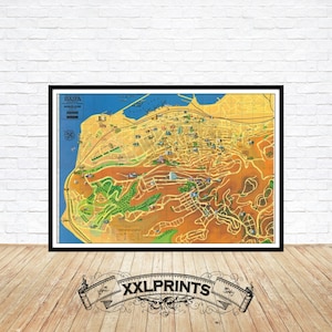 Puede incluir: Un mapa vintage de Haifa, Israel, con un esquema de color amarillo y marrón. El mapa muestra las calles, edificios y puntos de referencia de la ciudad. El título "HAIFA" está impreso en la esquina superior izquierda.