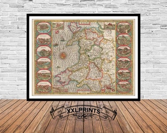 Carte ancienne du pays de Galles, 1676, carte très rare, carte ancienne, belle reproduction, grande carte, impression d'art, décor antique, impression de carte surdimensionnée