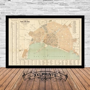 Carte ancienne de Palma de Majorque, 1910, plan de la ville, très rare, antique, belle reproduction, grande carte, impression d'art, impression de carte surdimensionnée