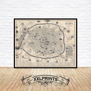 Antigo plano pictórico da cidade de Paris, França, 1849, mapa de monumentos, raro, reprodução fina, mapa grande, impressão de belas artes, impressão de mapa de tamanho grande