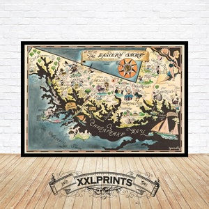 Ancienne carte de la baie de Chesapeake, Maryland, carte du XIXe siècle, belle reproduction, grande carte, impression d'art, décor antique, impression de carte surdimensionnée