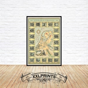 Oude kaart van Nederland in oorlog, 1940, geïllustreerde kaart, fijne reproductie, grote kaart, fine-artprint, antiek decor, extra grote kaartprint