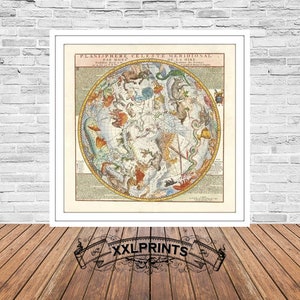 Ancienne carte des constellations de l'hémisphère sud, 1705, carte céleste, beau cadeau, décoration de bureau, décoration de salon, impression énorme