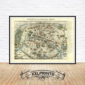 Stara mapa zabytków Paryża, 1887, doskonała reprodukcja, duża mapa, wydruk artystyczny, wydruk mapy w dużym formacie