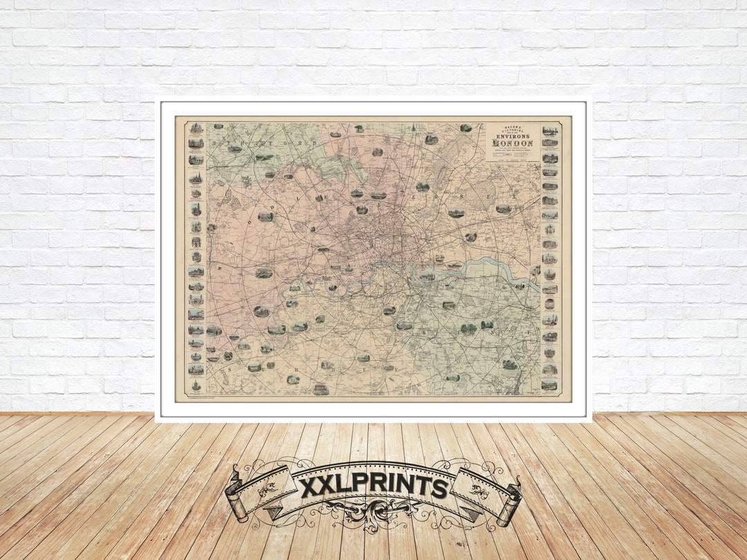 Antique Map of London, 1880, Pictorial Map, Fine Reproduction, Large ...