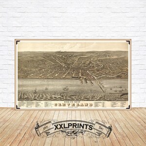 Alte Karte von Cleveland, Ohio, 1877, aus der Vogelperspektive, feine Reproduktion, Fine Art Print