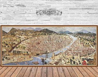 Ancient bird's eye view of Florence, Tuscany, Italy, 1490, aerial view,  fine reproduction, antique decor, fine art print, 40 x 94 cm