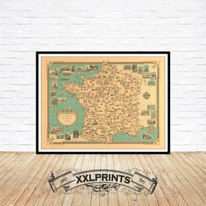 Mapa antigo da França, 1935, antigo, reprodução fina, mapa grande, impressão de belas artes, decoração antiga, impressão de mapa de tamanho grande