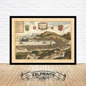 Ancient perspective view of Bergen, Norway, 1657, fine reproduction, large map, fine art print, oversize map print