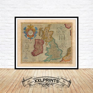 Ancienne carte d'Angleterre, d'Écosse, d'Irlande ou d'Hibernia, 1619, carte rare, ancienne, belle reproduction, grande carte, impression d'art, impression de carte surdimensionnée