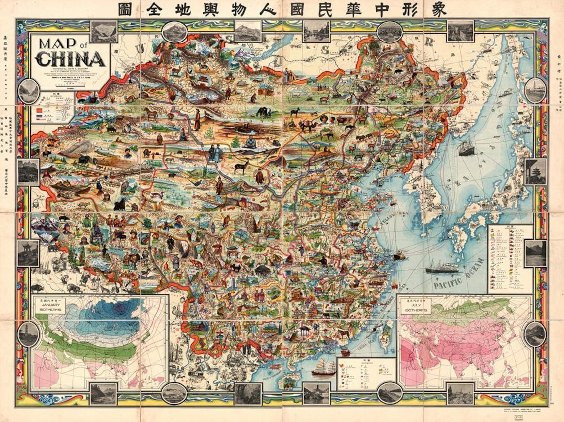 Antike Landkarte Von China 1932 alte Karte Bildkarte feine  Etsy