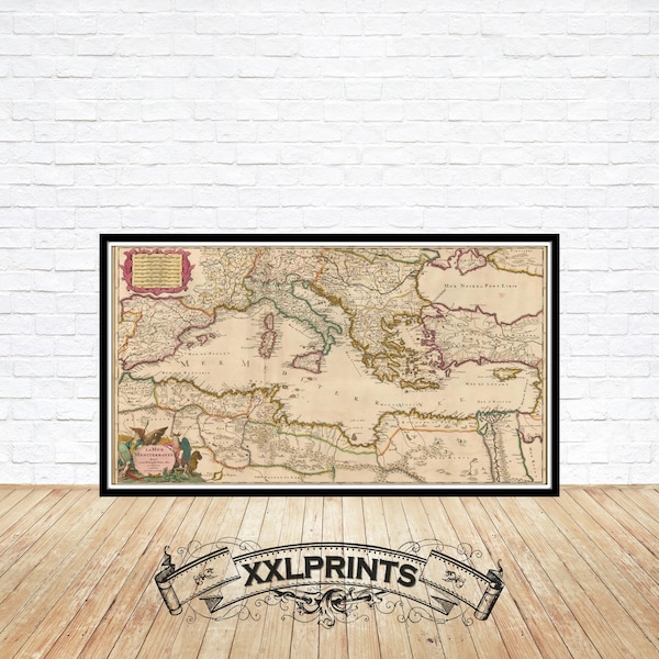 Oude kaart van de Middellandse Zee, 1700, zeldzame kaart, antiek, fijne reproductie, grote kaart, fine art print, extra grote kaartprint