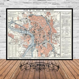 Mapa antiguo de Toulouse, Francia, 1921, plano de la ciudad, raro, antiguo, buena reproducción, mapa grande, impresión de bellas artes, decoración antigua, impresión de mapa de gran tamaño