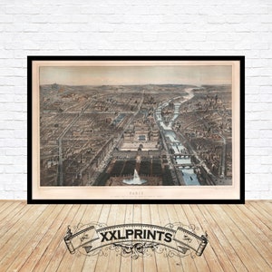 Mapa antiguo de París, Francia, 1867, vista aérea, raro, buena reproducción, mapa grande, impresión de bellas artes, decoración antigua, impresión de mapa de gran tamaño