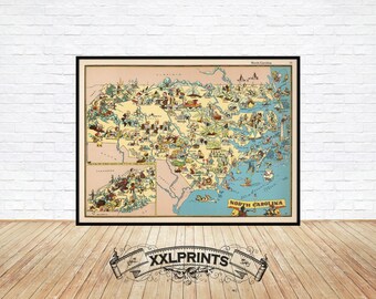 May include: Framed vintage map of North Carolina with a black border. The map features a detailed, illustrated design with various landmarks and figures. The map is set against a light beige background with blue water and green landmasses. The words "North Carolina" are at the bottom.
