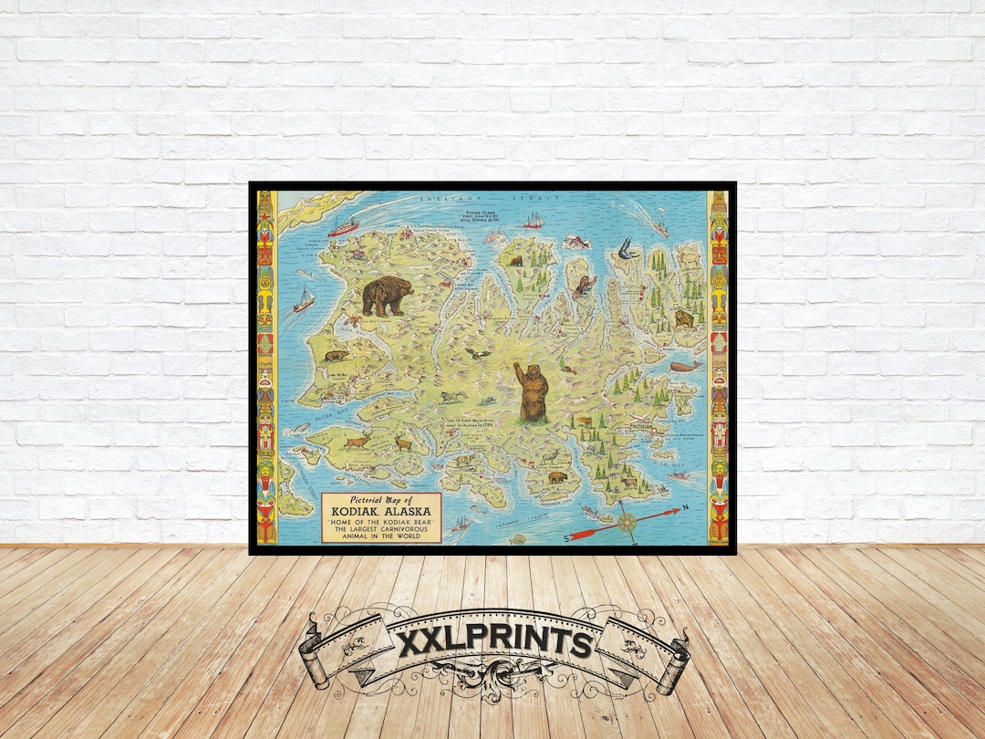 Old Pictorial Map of Kodiak Island, Alaska, 1948, Fine Reproduction ...