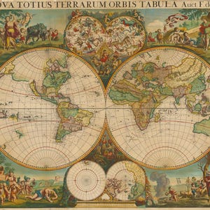 Ancienne carte du monde de 1720 de l'âge d'or de la cartographie néerlandaise, vintage numérique, papiers de scrapbooking avec de vieilles textures, téléchargement immédiat