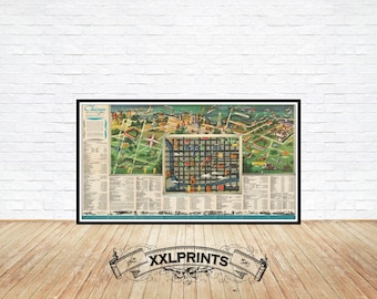 Può includere: Una mappa vintage incorniciata di Chicago, con una vista aerea dettagliata della città con punti di riferimento e strade etichettati. La mappa ha una cornice nera ed è esposta su un pavimento in legno contro un muro di mattoni bianchi. La mappa include il testo "Chicago".