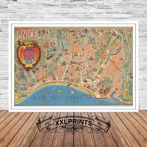 Old map of Nice, 1950, pictorial map, fine reproduction, large map, fine art print, antique decor, oversize map print