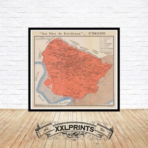 Mapa antiguo de los vinos de Burdeos, Saint-Emilion, 1949, mapa de viñedos, reproducción fina, mapa grande, impresión de bellas artes, impresión de mapa de gran tamaño