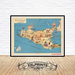 Ancienne carte illustrée de la Sicile, 1961, belle reproduction, grande carte, impression d'art, impression de carte surdimensionnée