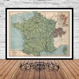Mapa antiguo de Francia y Suiza, 1935, mapa raro, reproducción fina, mapa grande, impresión de bellas artes, decoración antigua, impresión de mapa de gran tamaño