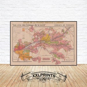 Mapa antiguo de viñedos del Loira, vinos de Coteaux de la Loire, Coteaux ee Touraine, 1946, reproducción fina, impresión de bellas artes, impresión de mapas de gran tamaño