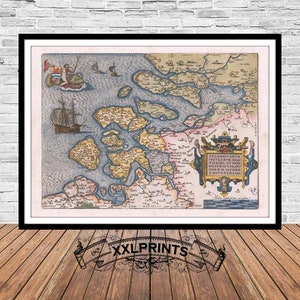 Oude kaart van Zeelandia, Nederland, 1584, uiterst zeldzame kaart, fijne reproductie, grote kaart, kunstafdruk, antiek decor, extra grote kaartafdruk