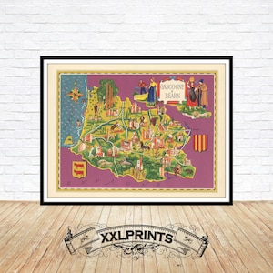 Mapa antiguo ilustrado de Gascuña y Béarn, 1951, provincias de Francia, reproducción fina, mapa grande, impresión de bellas artes, impresión de mapa de gran tamaño