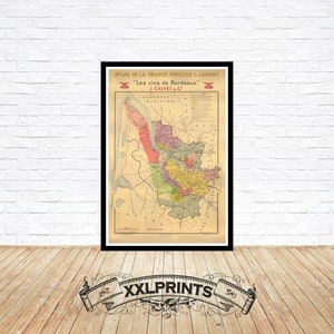 Ancienne carte des vins de Bordeaux, 1947, carte des vignobles, belle reproduction, grande carte, impression d'art, impression de carte surdimensionnée