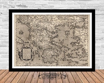 Carte ancienne de la Grèce, 1579, carte rare, belle reproduction, grande carte, impression d'art, décor antique, impression de carte surdimensionnée